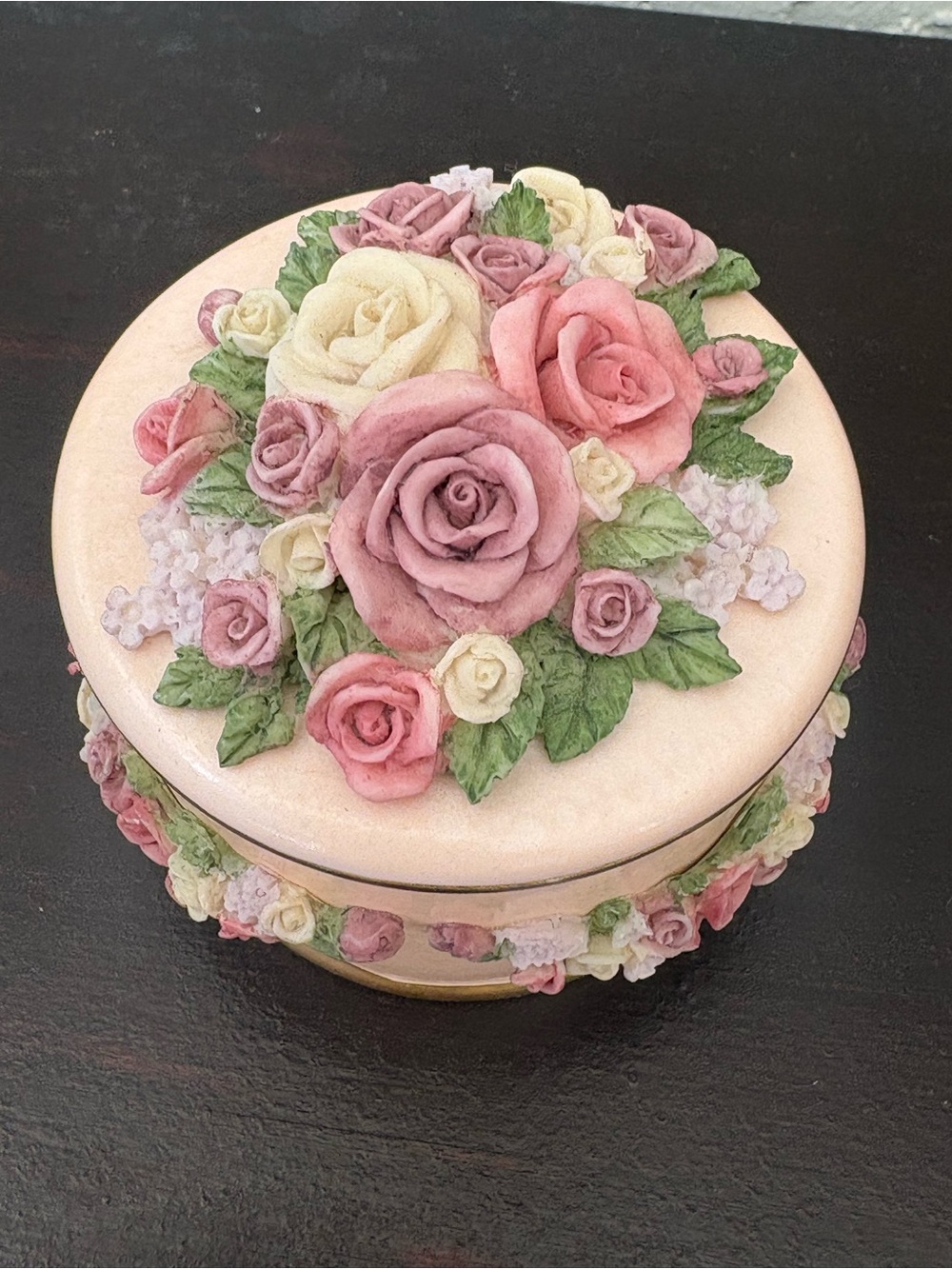 Dezine Hand Painted Decorative Floral Trinket Box - Pink, Cream & Green Roses